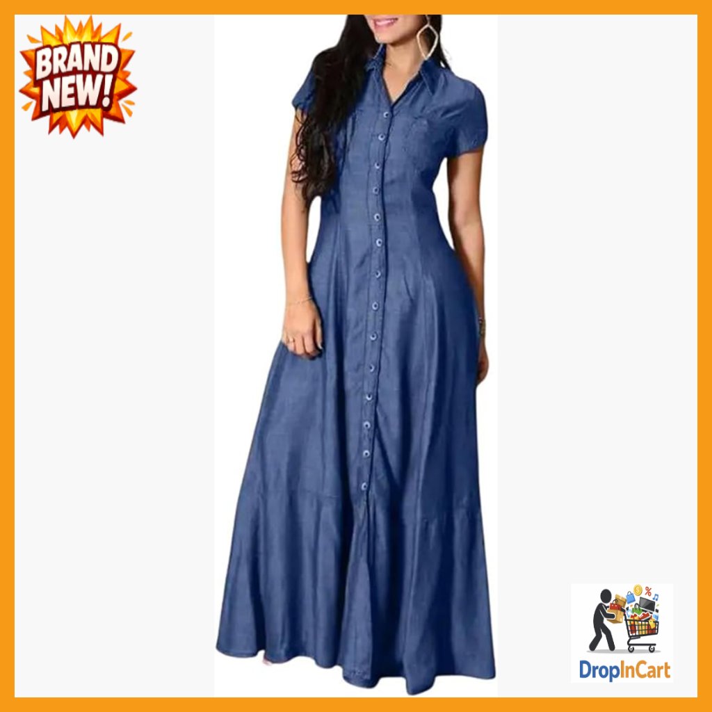Denim Maxi Dress Short Sleeve Button Down Loose Fit A-Line Casual Chic